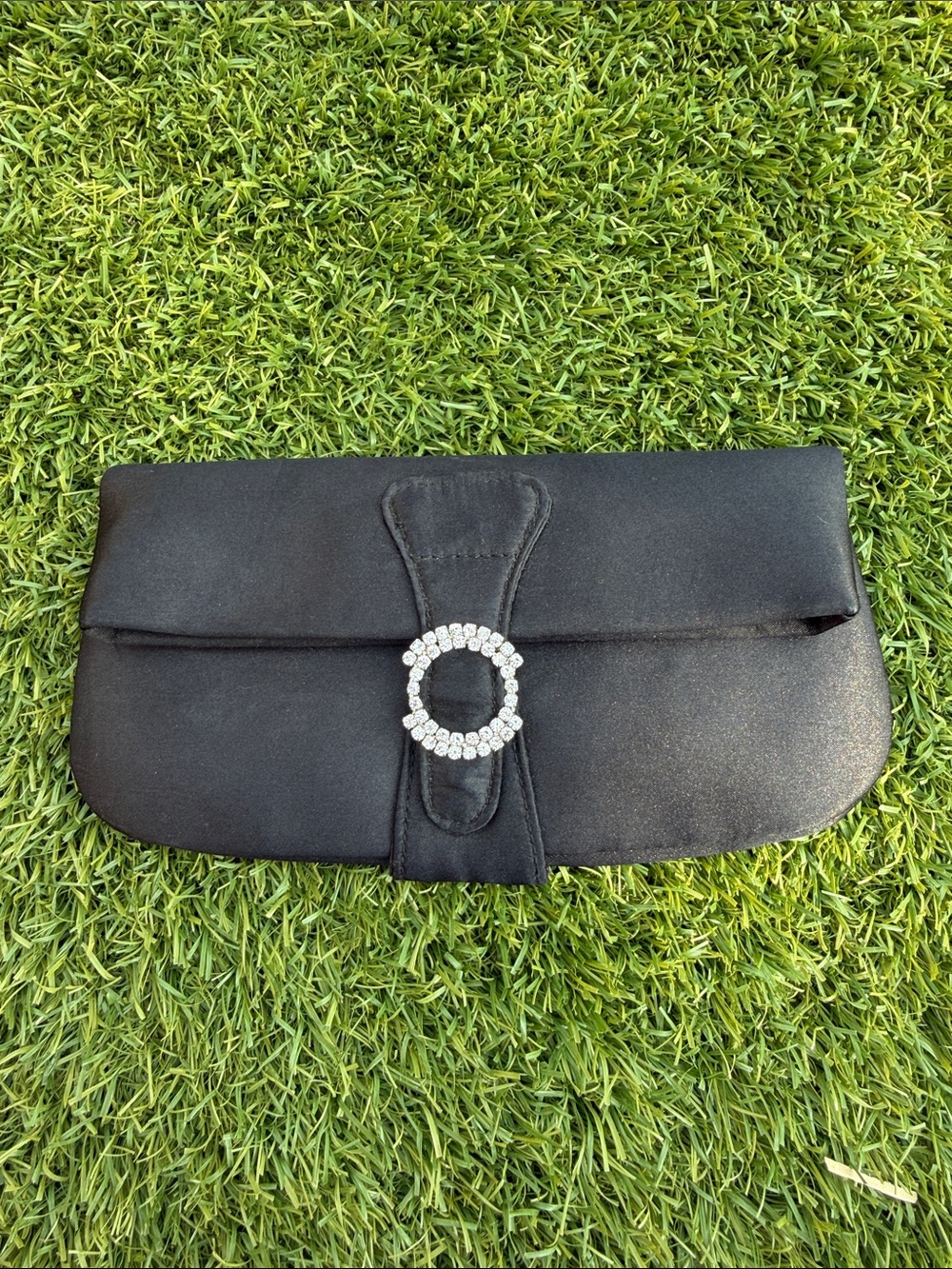 Black Satin Clutch with Crystal Circle Accent
